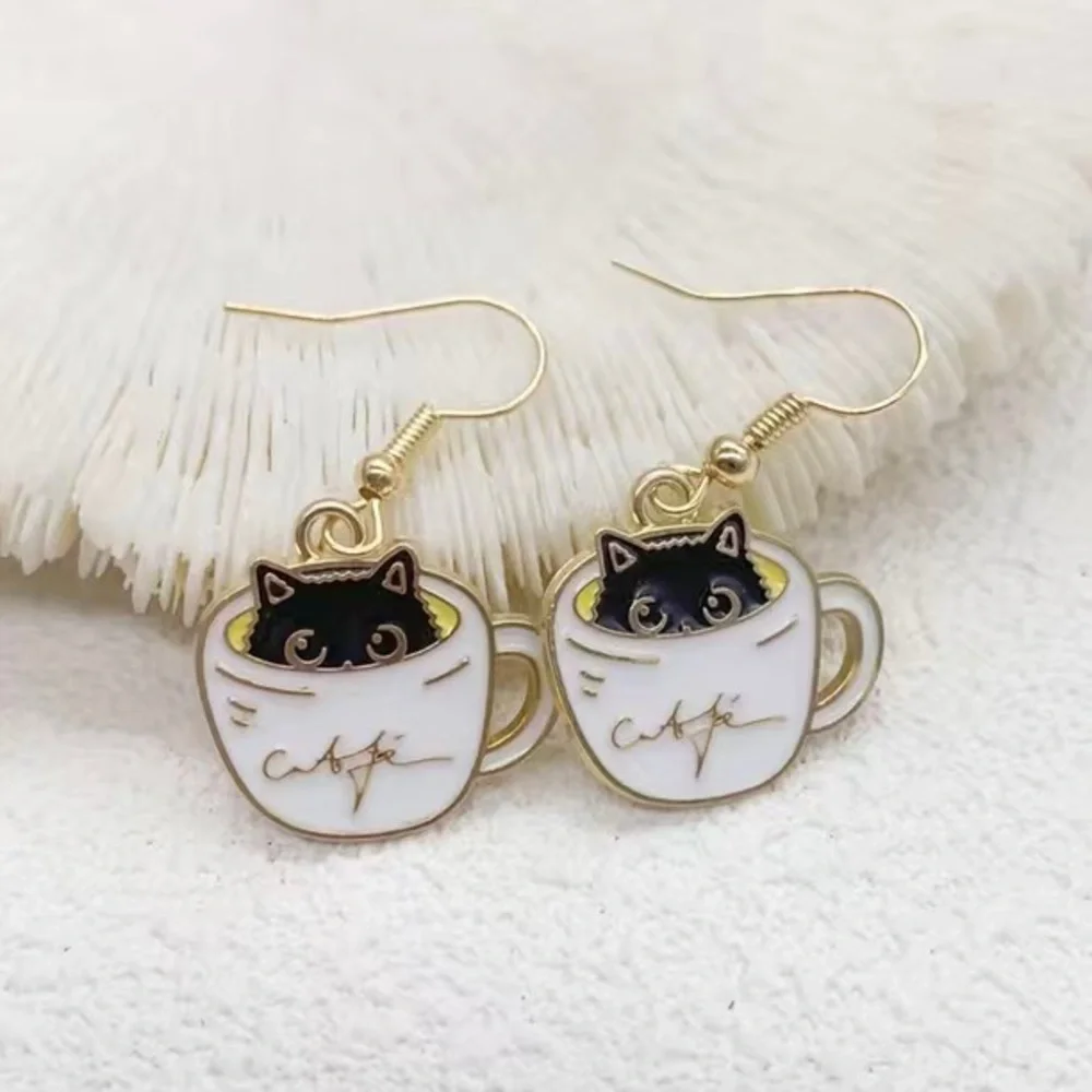 Coffee Cat Lover Cafe Dangling Gold Earrings Limited Edition Kawaii Kitty Gift